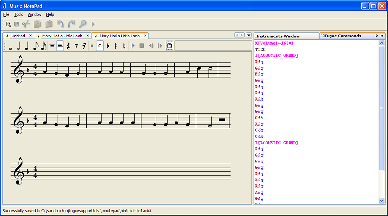 Figure 1: JFugue Music NotePad Showing