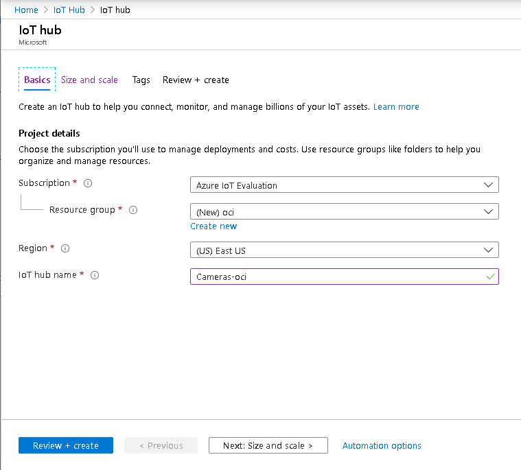 Figure 7. Azure IoT Hub Creation Console