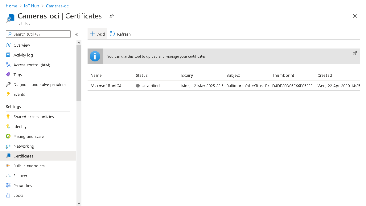 Figure 9. Azure IoT Hub Certificates