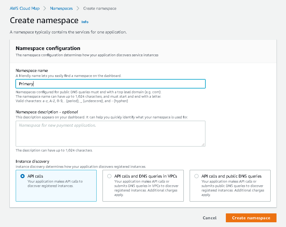 Figure 15. AWS Create Namespace